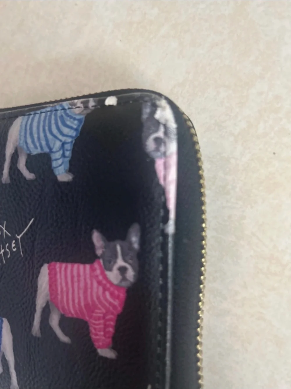 Betsey Johnson French Bulldog Zip Around Wristlet Wallet Black